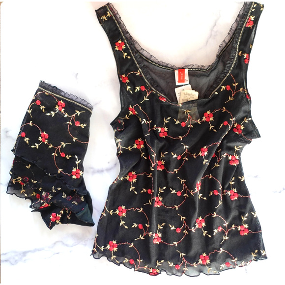 Y2K Natori Cami Babydoll Tank Shorts Lingerie Set Sheer Mesh Rose Fairy Whimsy M